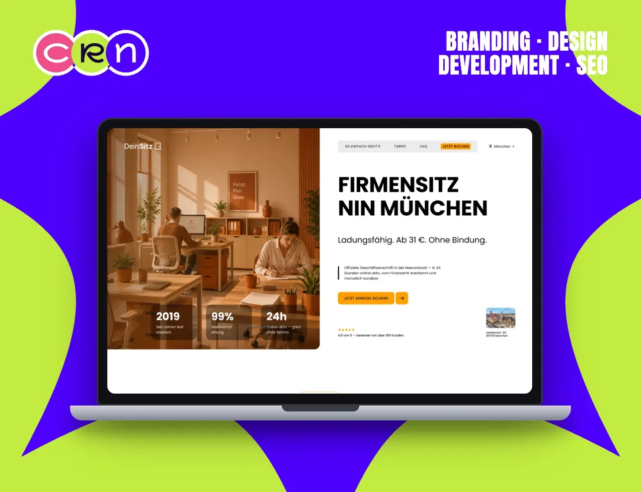 DeinSitz homepage: a warm Munich co-working office beside the German headline “Firmensitz in München”.