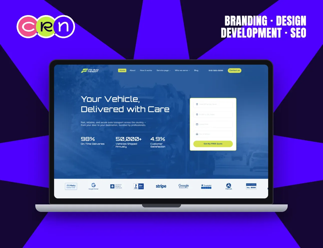 Flix Auto Transport homepage: a loaded car carrier behind the headline “Your Vehicle, Delivered with Care” and an instant quote form.