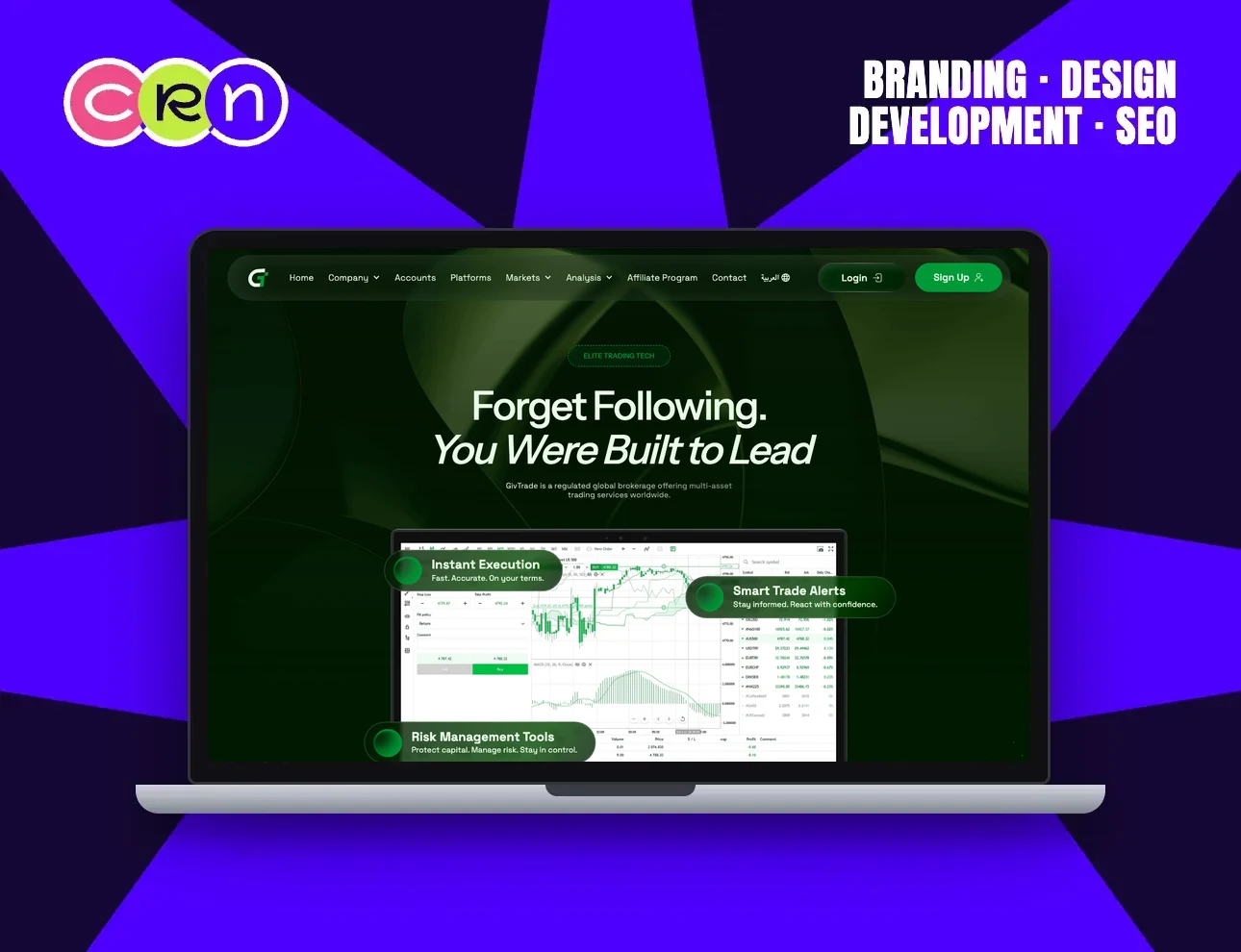 GivTrade homepage: a MetaTrader 5 trading screen in a deep green field under the headline “Forget Following. You Were Built to Lead”.