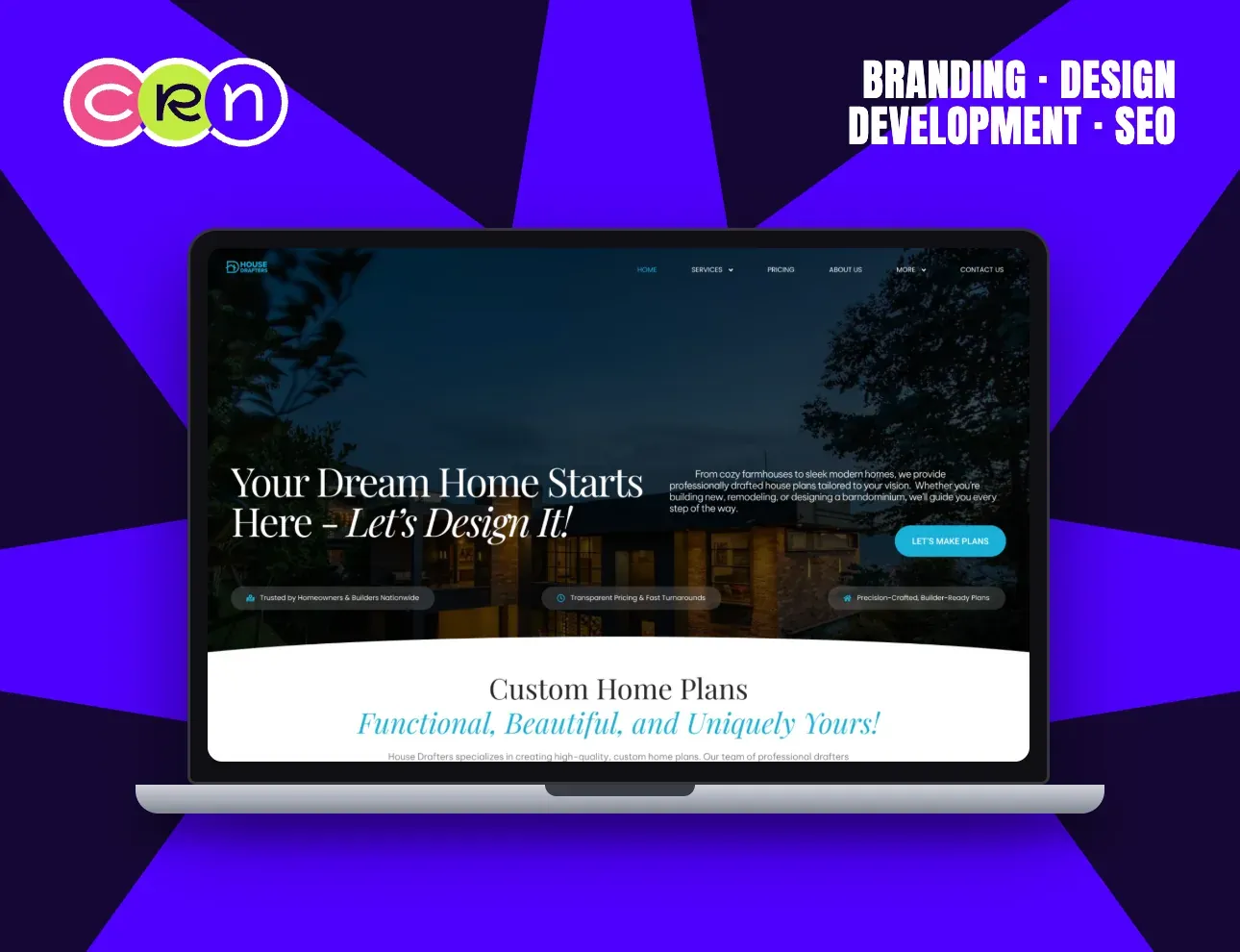 House Drafters homepage: a lit modern home at dusk under the headline “Your dream home starts here”.