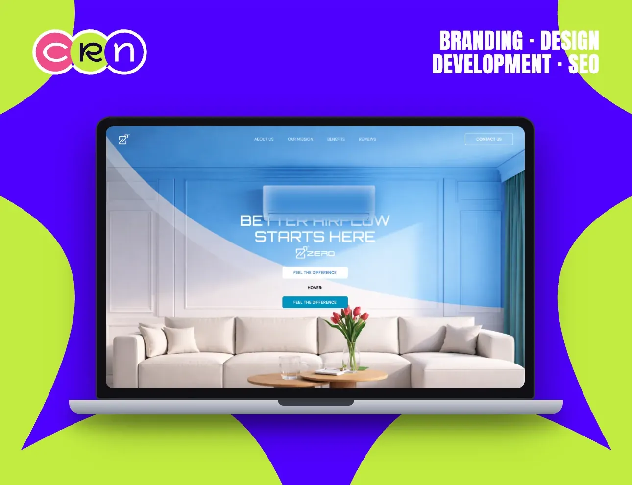 Zero air conditioning landing page: a wall unit in a bright living room under the headline “Better airflow starts here”.